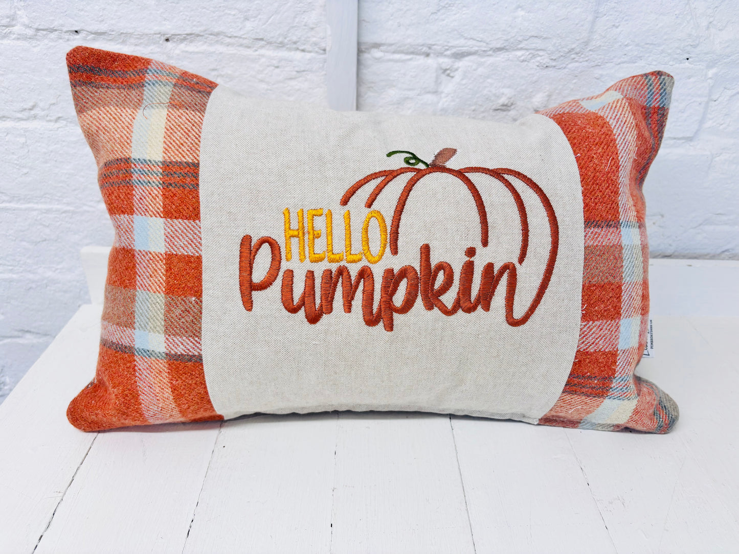 Hello pumpkin Cushion-Autumnal cushion- Orange and cream Plaid Cushion.