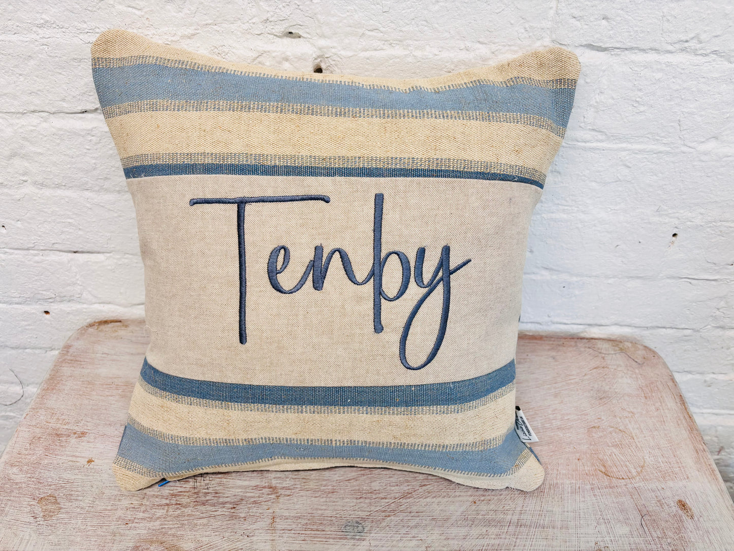 Beachy vibe Blue and Cream stripe-Any Place Name Square cushion
