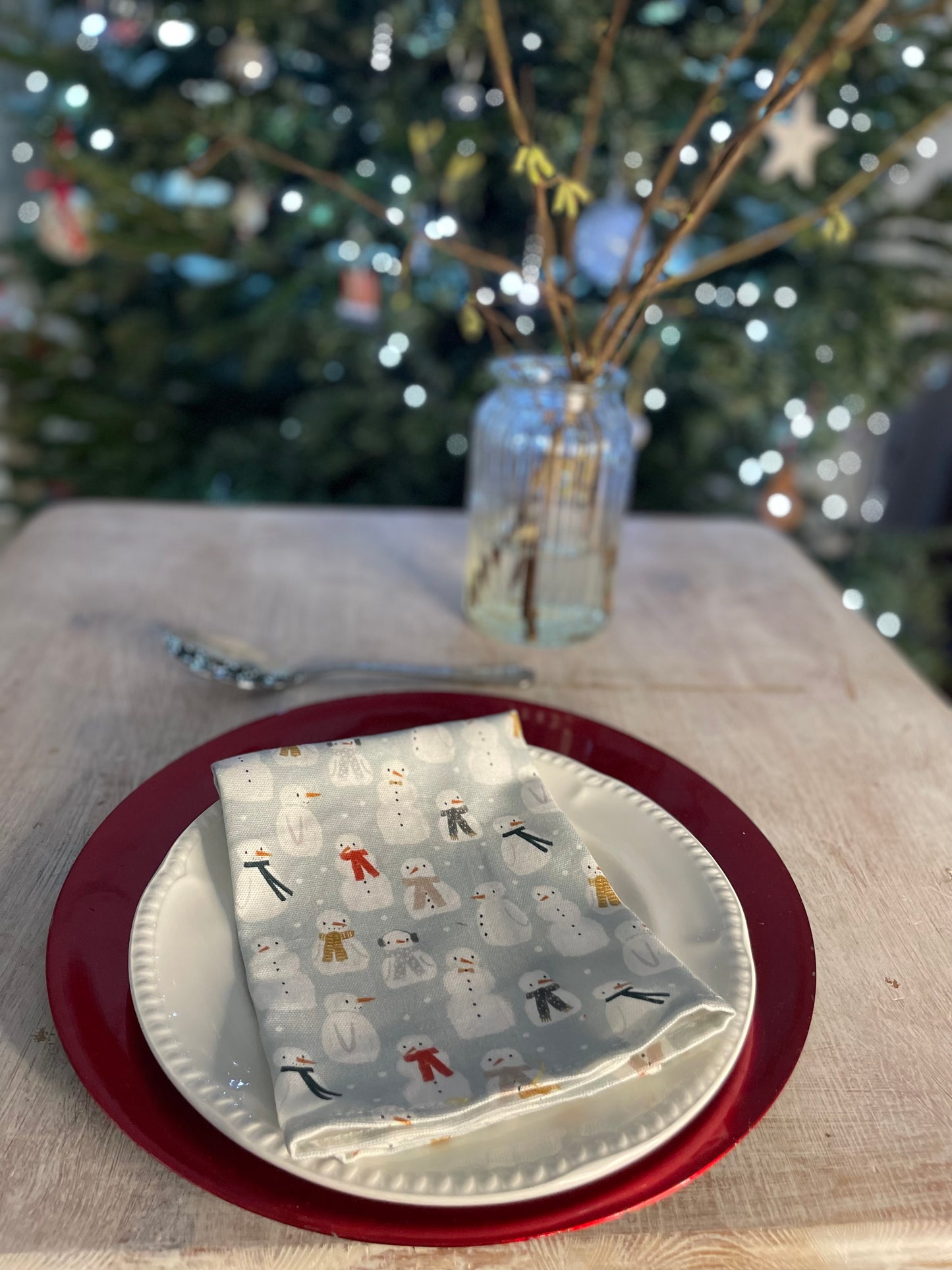 Snow man fabric Napkins Festive table- and Christmas Trees, Handmade festive Napkins - Fabric Napkins