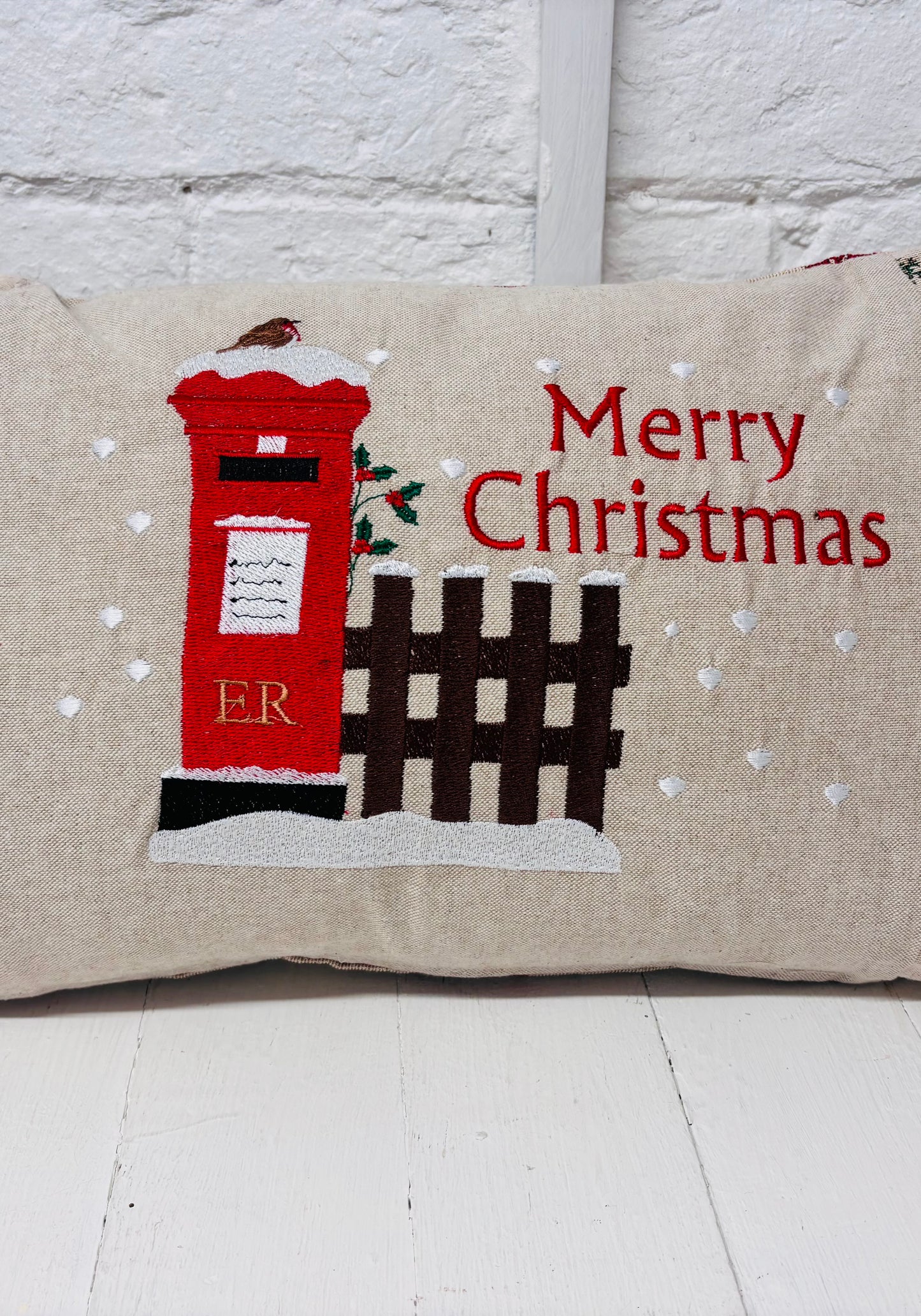 Christmas post box Cushion. Merry Christmas /Nadolig Llawen all Letters to Santa Cushion snowy postbox and robin nostalgic Xmas scene handmade Christmas cushion