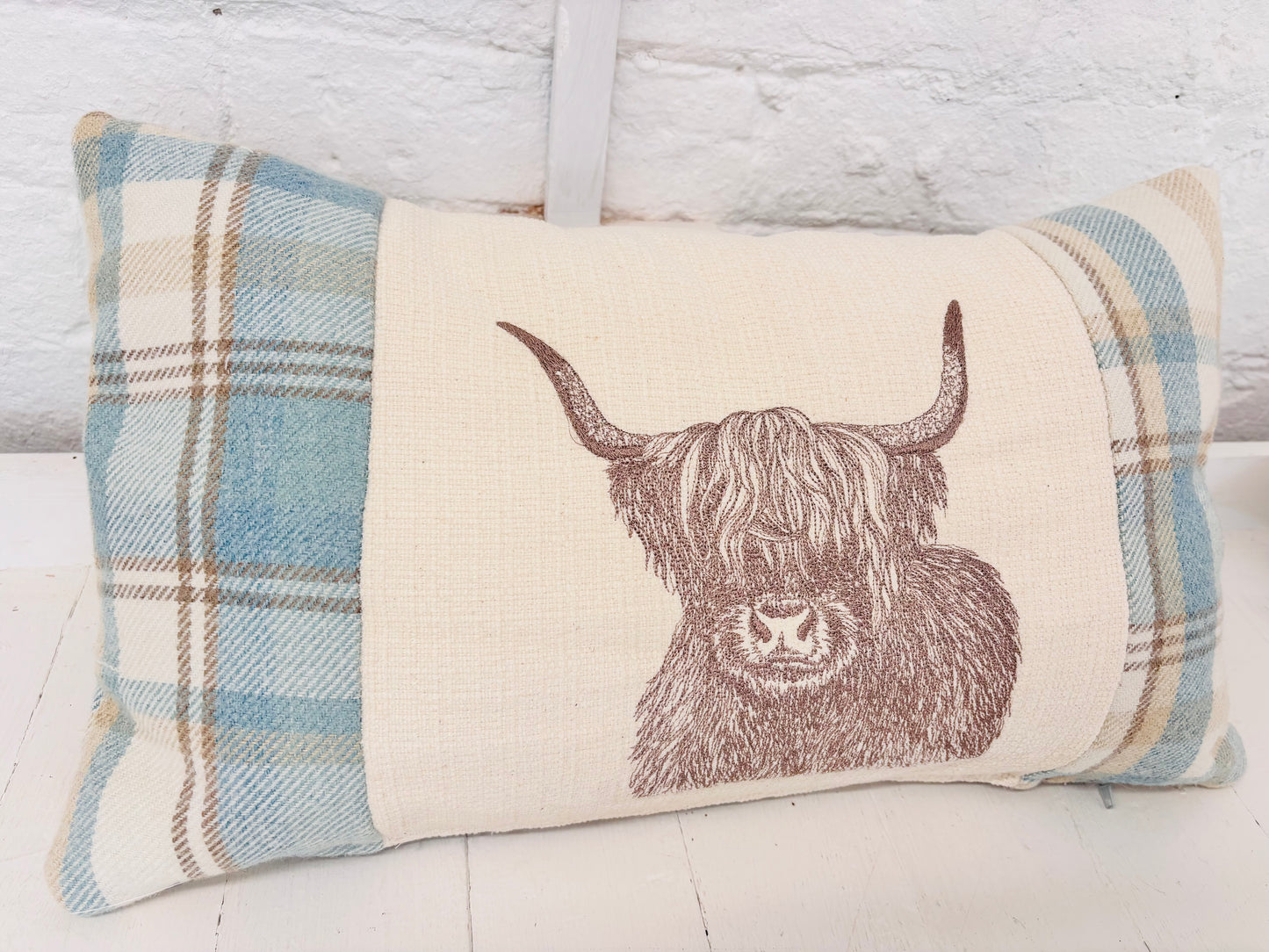 Highland Cow Cushion- Skye Blue wool Long Cushion