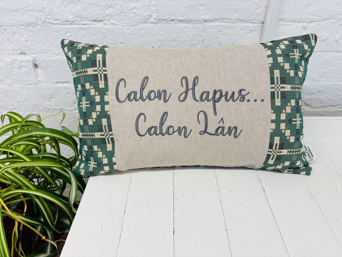 Vintage Cross Welsh Blanket style Calon Hapus.. Calon Lan Cushion-Personalised Cushion- Quote Cushion-welsh tapestry style long cushion.