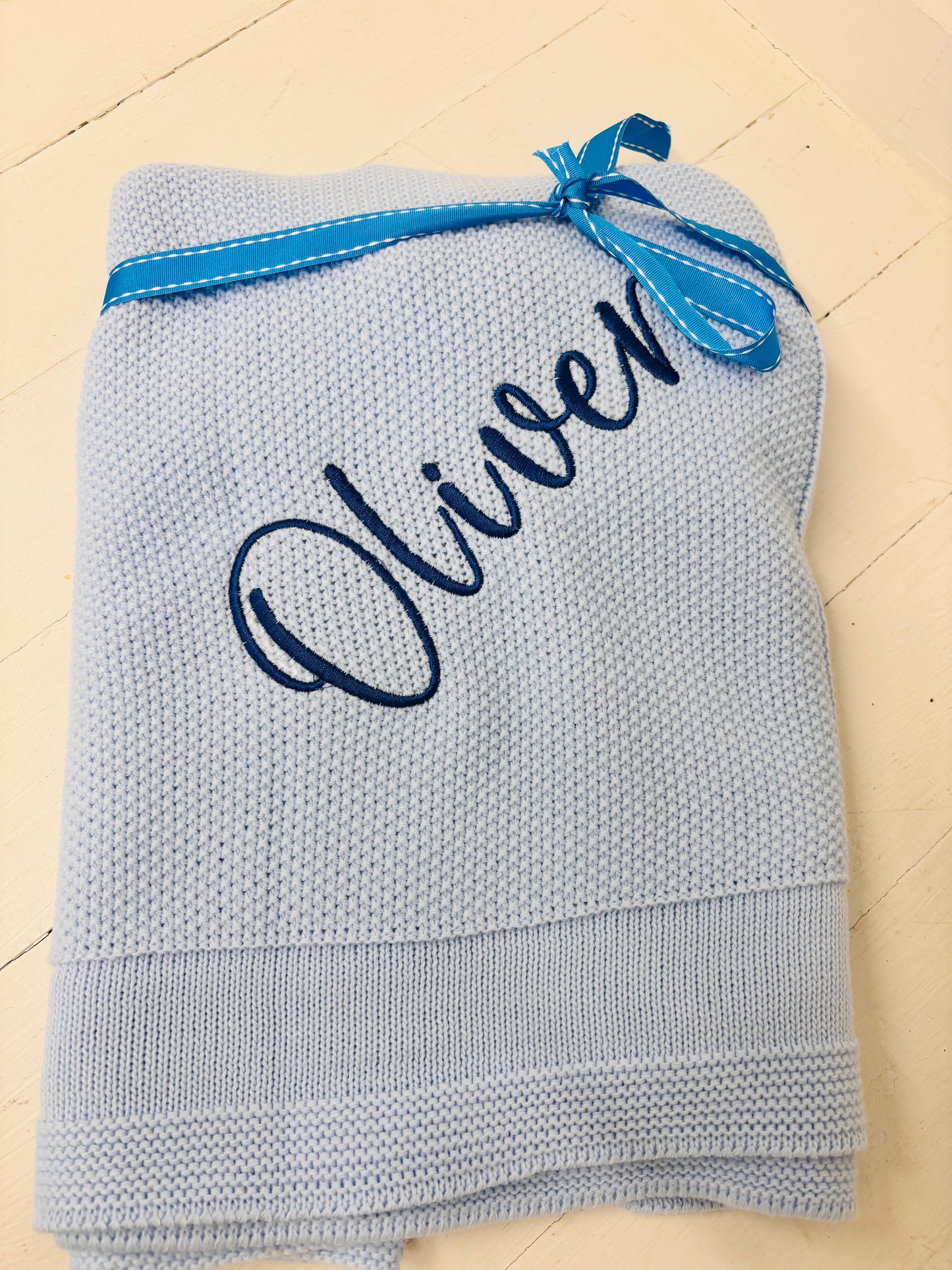 Blue Knitted Baby blanket-Personalised