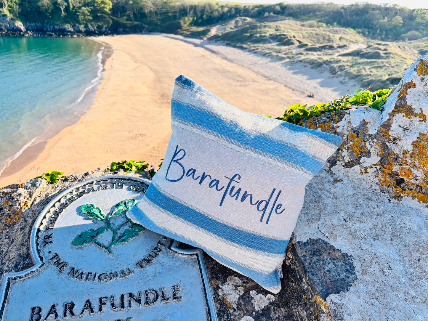 Beachy vibe Blue and Cream stripe-Any Place Name Square cushion