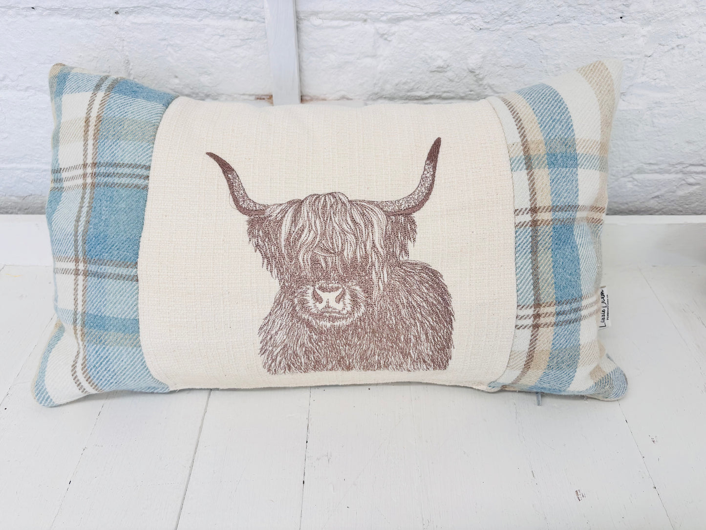 Highland Cow Cushion- Skye Blue wool Long Cushion