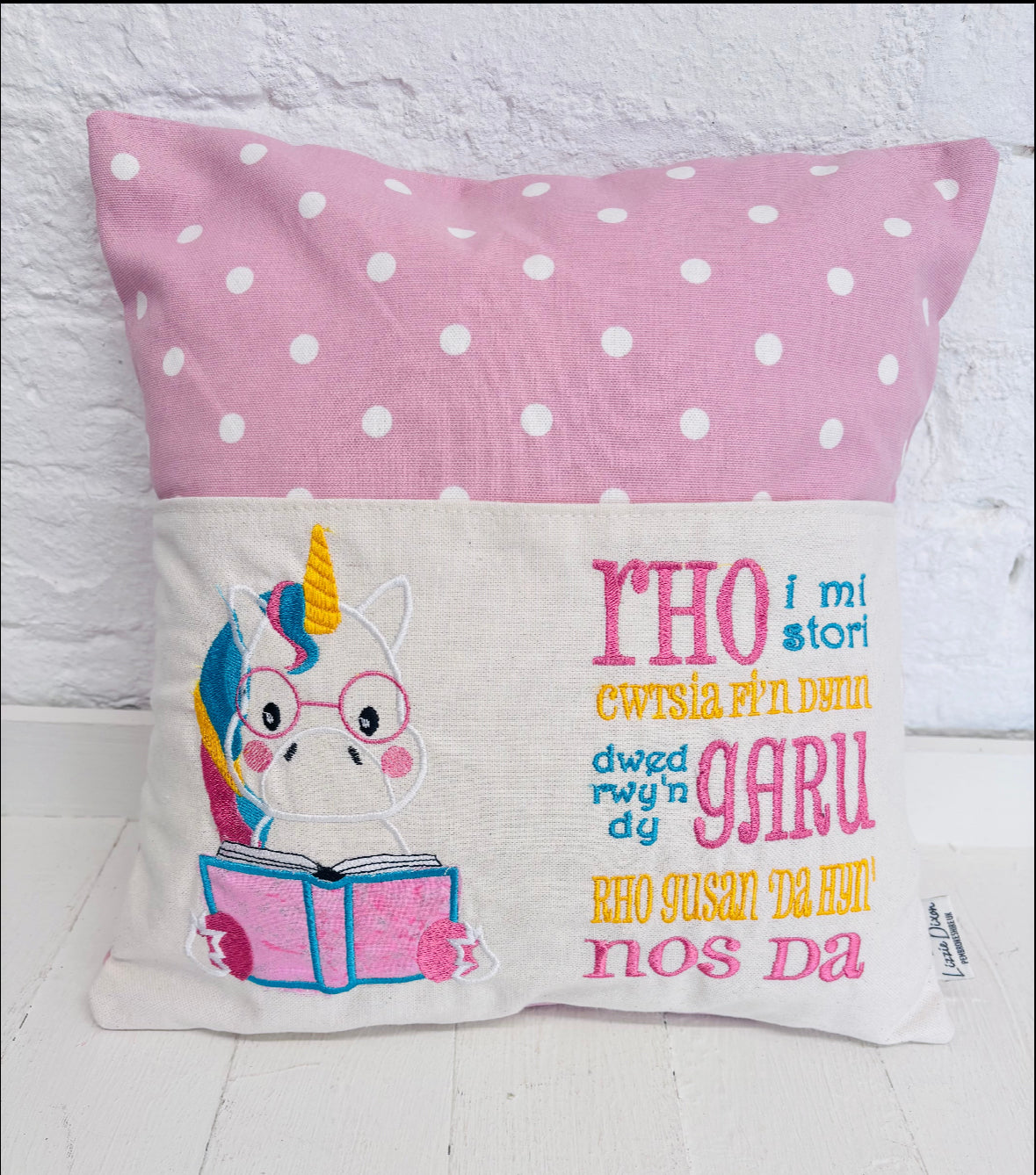 Cute Unicorn Children’s Book Cushion available in Welsh and English