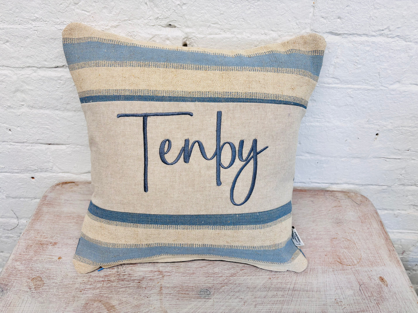 Beachy vibe Blue and Cream stripe-Any Place Name Square cushion