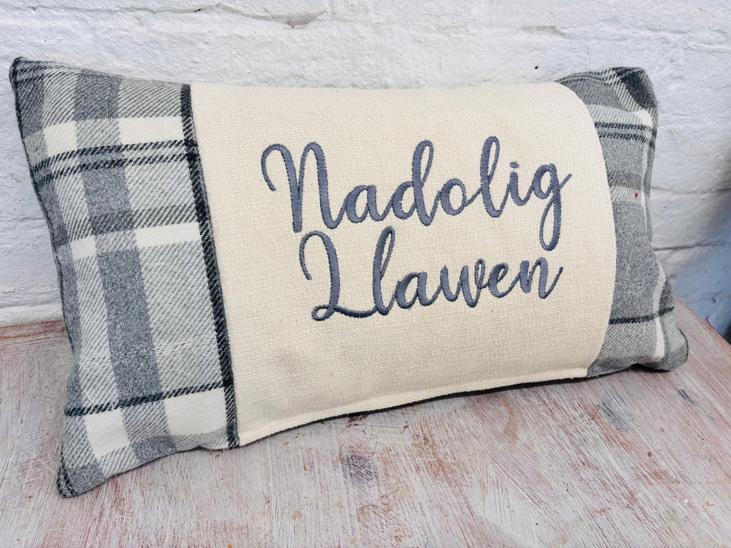 Nadolig Llawen Christmas Cushion- Grey Wool cushion.
