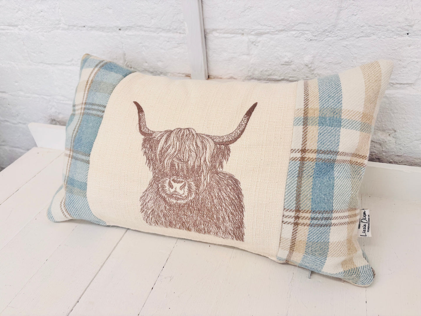 Highland Cow Cushion- Skye Blue wool Long Cushion