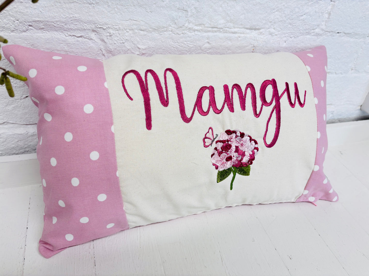 Pink Dotty & Hydragea Personalised Mother’s Day Cushion-Pink Dotty and Hydrangea - Mamgu cushion-Mamgu gift