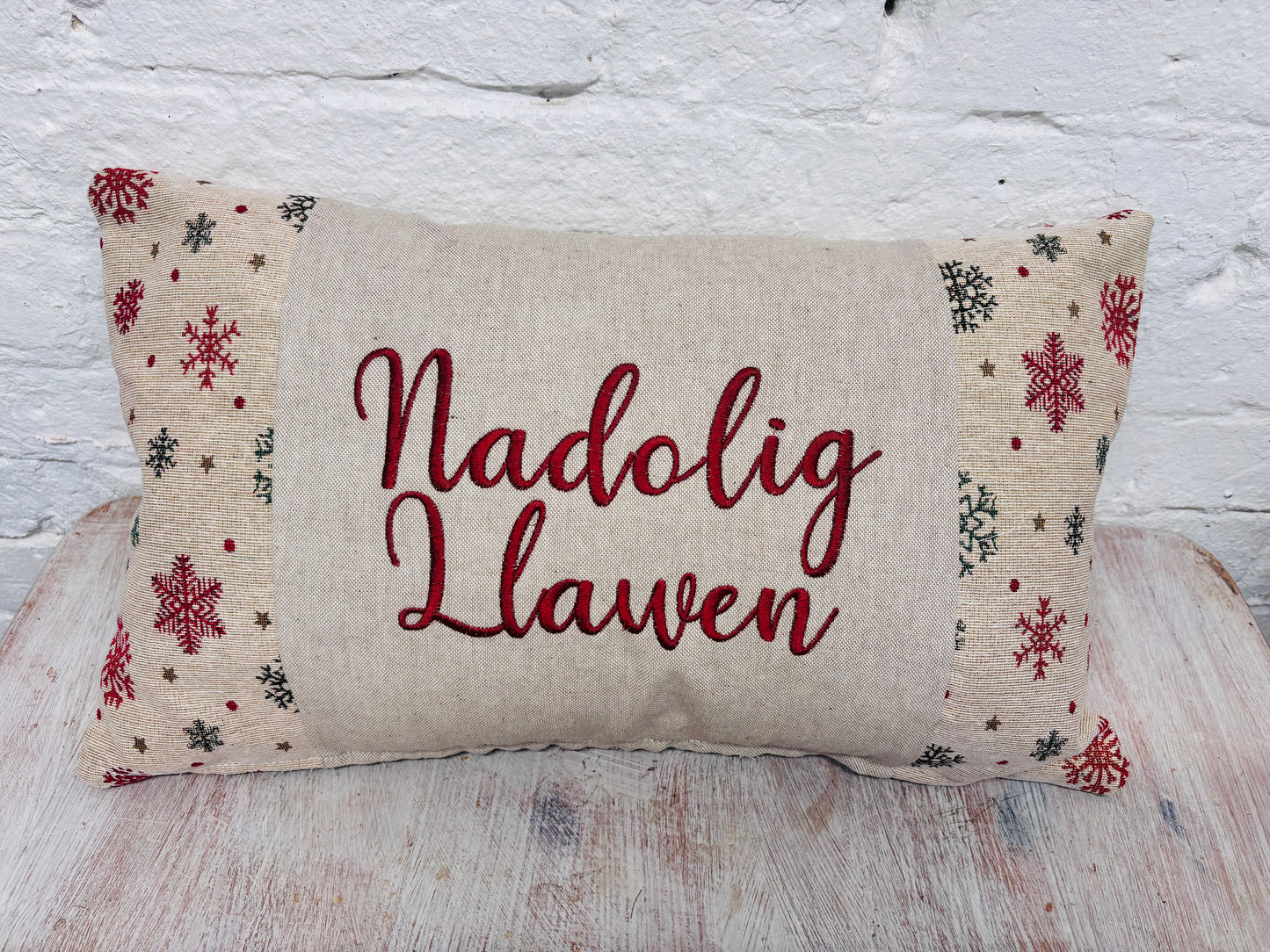 Nadolig Llawen Christmas Cushion- Snowflake Gold Snowflake Tapestry style cushion.