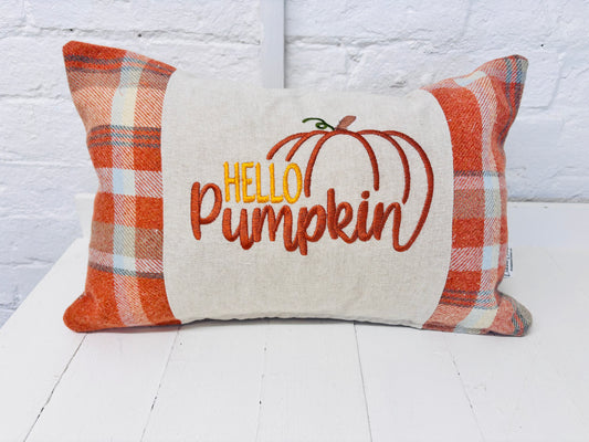 Hello pumpkin Cushion-Autumnal cushion- Orange and cream Plaid Cushion.
