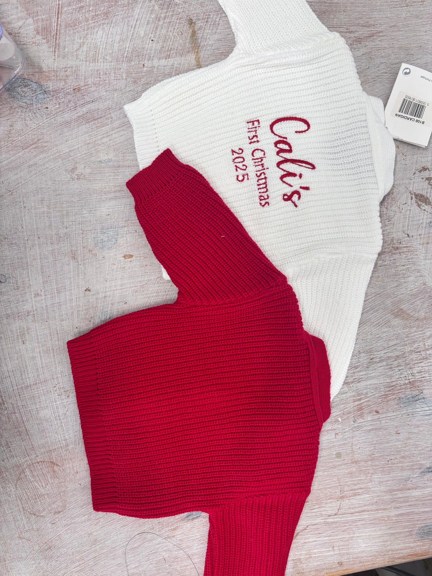 Red Personalised Knitted Baby Cardigan.