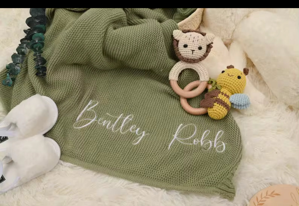 Blue Knitted Baby blanket-Personalised