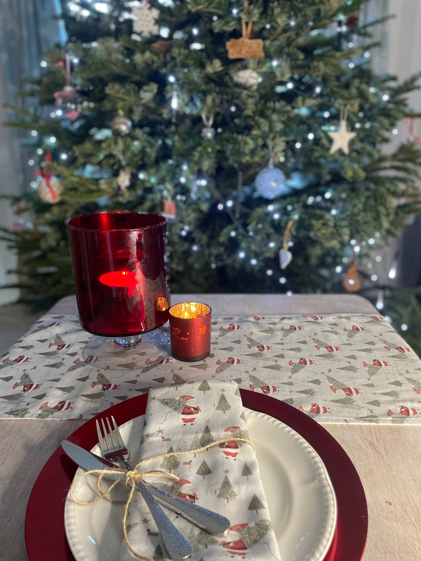 Father Christmas Napkins - Festive table- Father Christmas and Christmas Trees, Handmade festive Napkins - Fabric Napkins