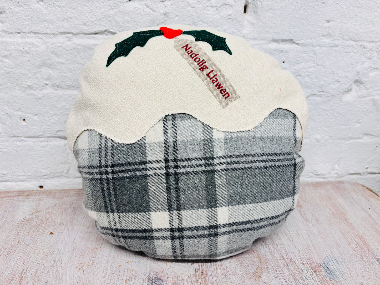 Christmas pudding  Nadolig llawen Grey Wool Cushion .