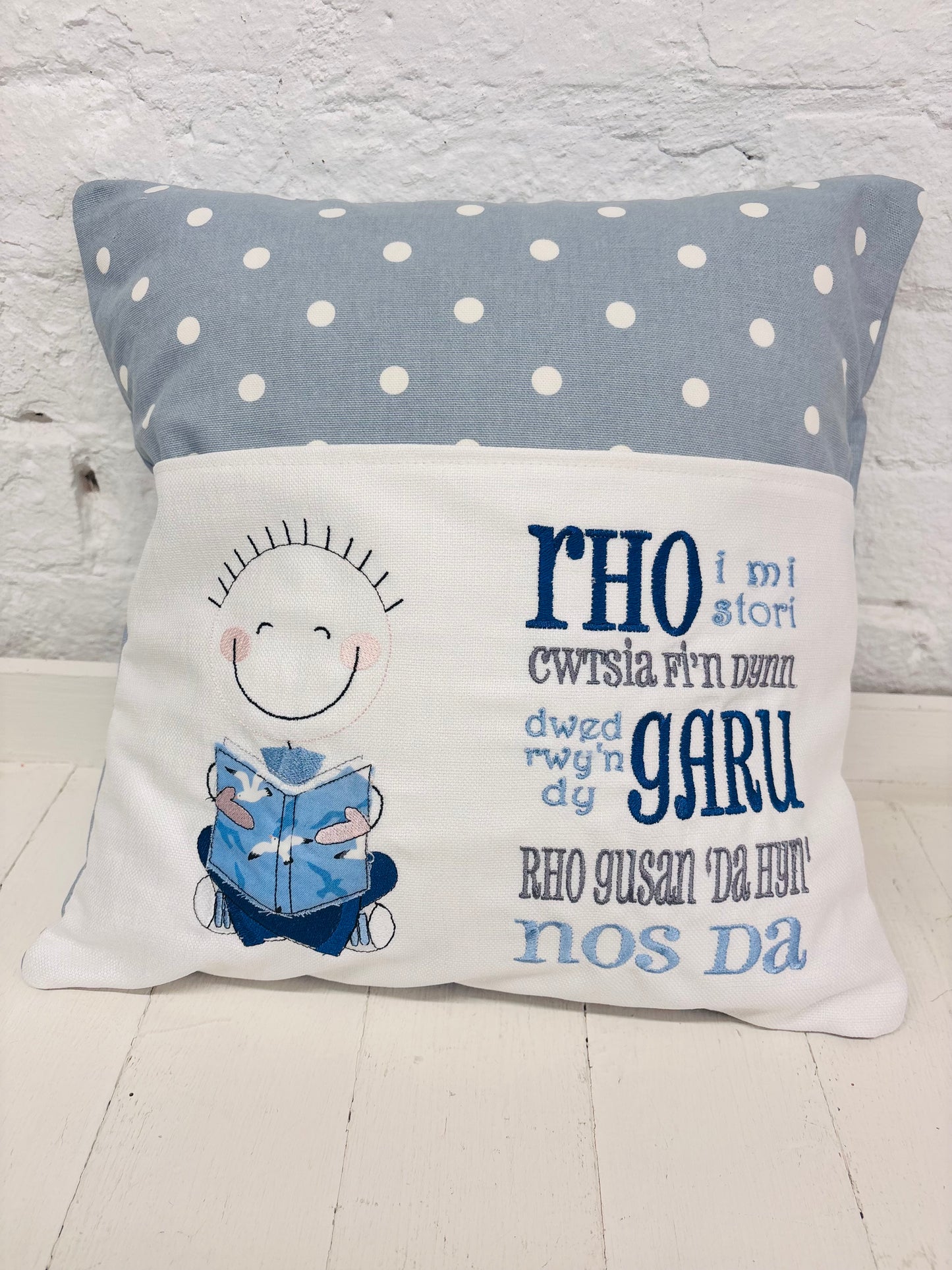 Little Boy Children's Reading Book Cushion in Welsh and English