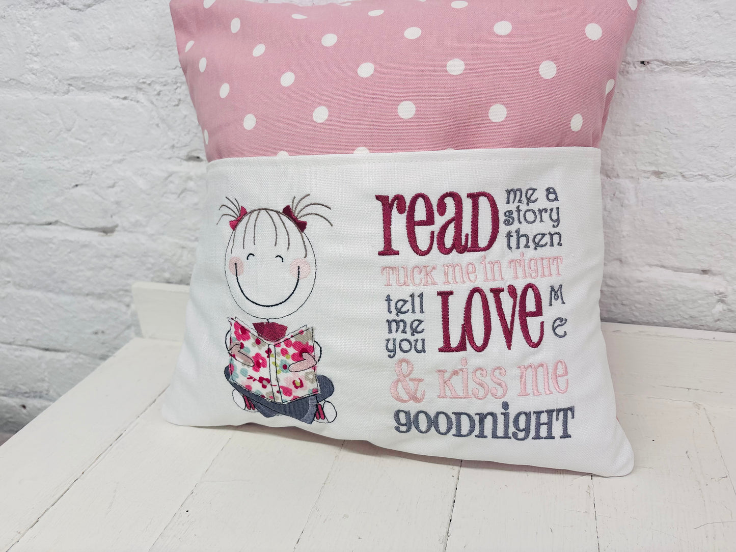 Little Girl Children’s Reading Book Cushion available in Welsh or English