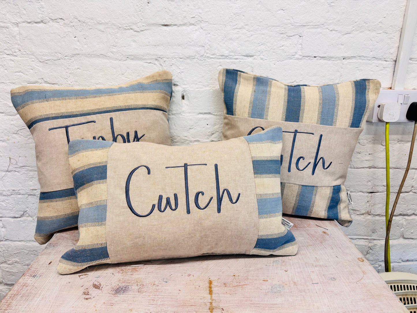 Beachy vibe Blue and Cream stripe-Any Place Name Square cushion