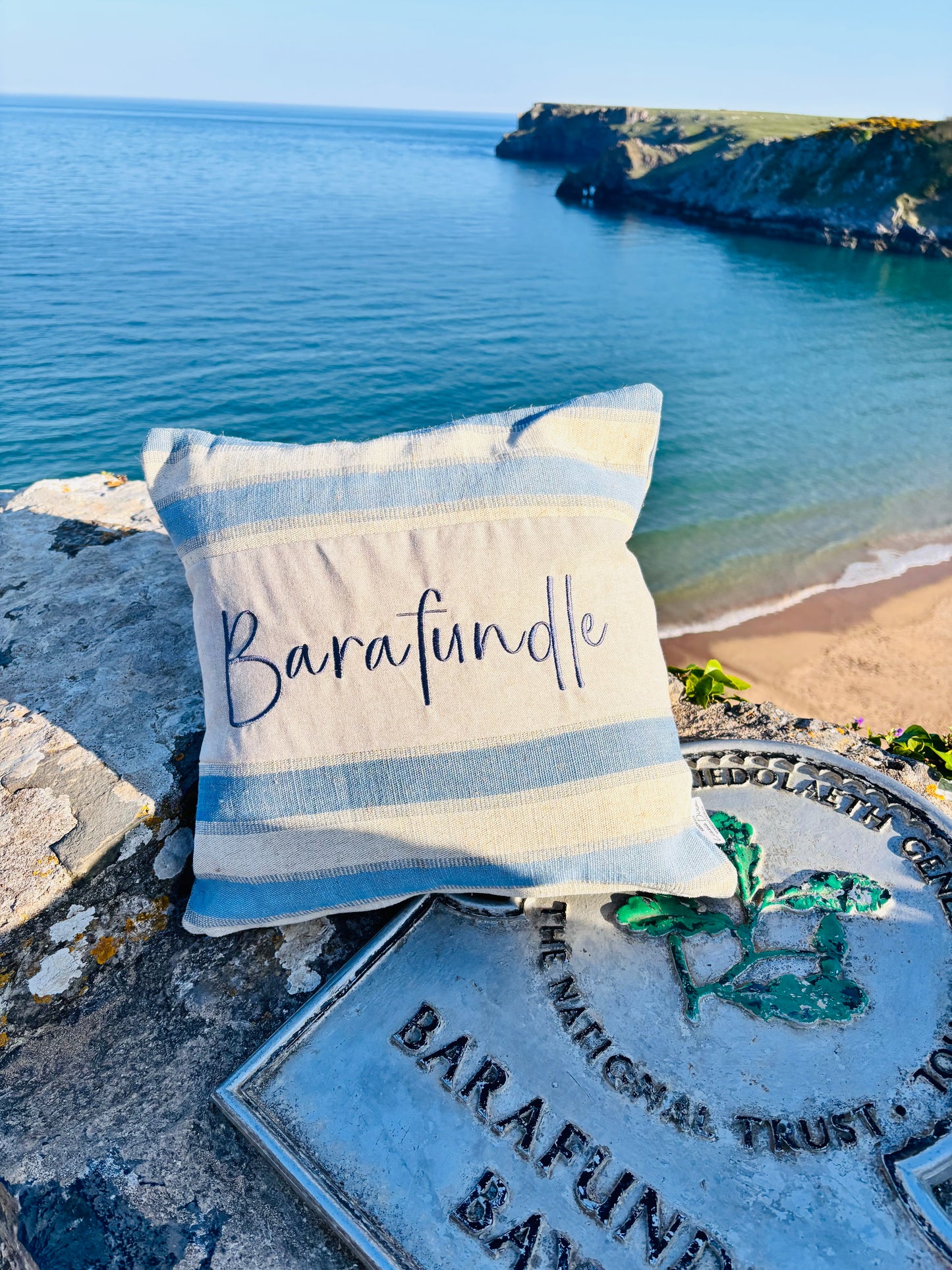 Beachy vibe Blue and Cream stripe-Any Place Name Square cushion