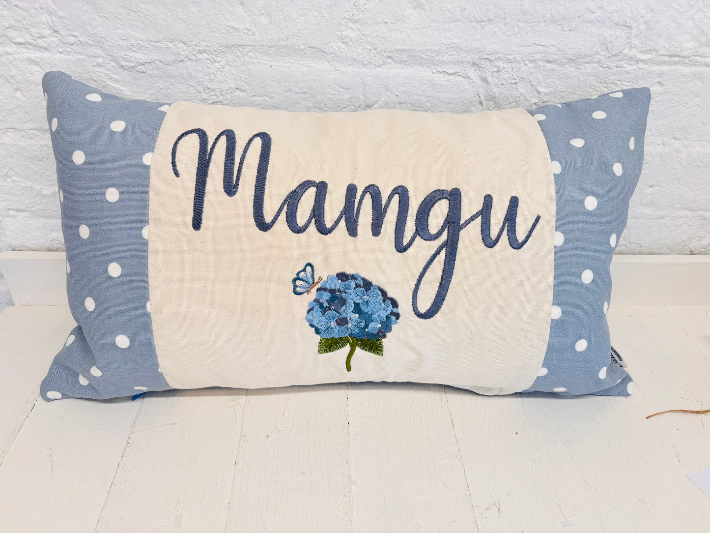 Blue Dotty & Hydragea Personalised Mother’s Day Cushion- Blue Dotty and Hydrangea - Mamgu cushion-Mamgu gift