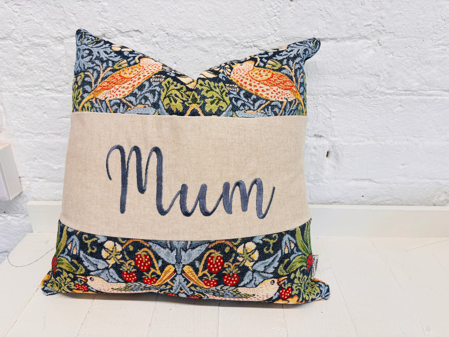 William Morris Strawberry Thief Tapestry Mother’s Gift, Personalised Cushion, Gift for Mum. Square Cushion