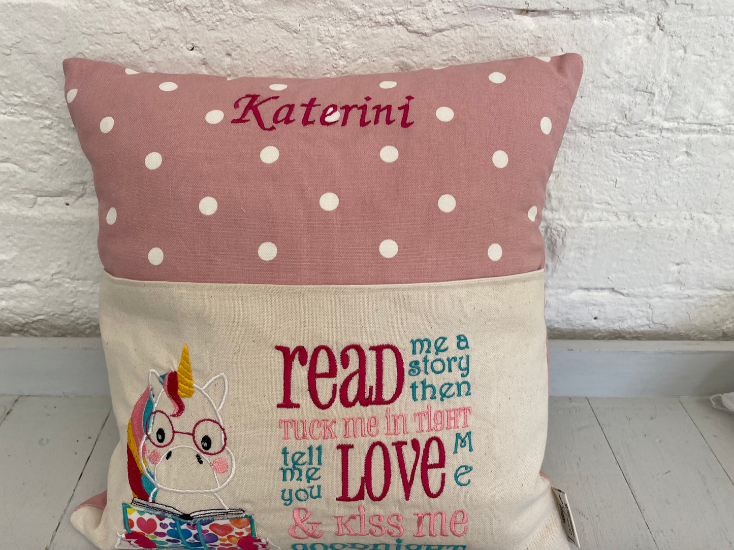 Unicorn with Pink Dotty Reading Book Cushion-English and Welsh saying