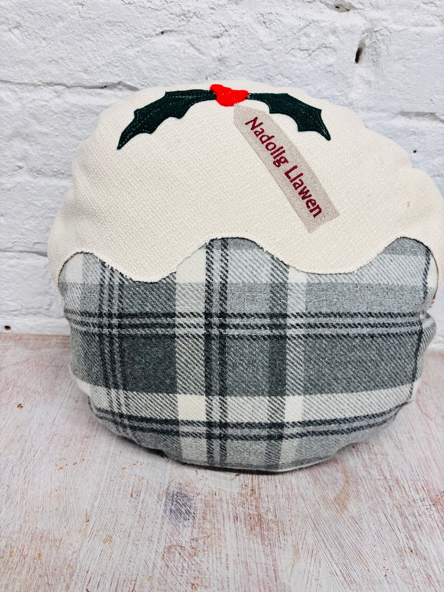Christmas pudding  Nadolig llawen Grey Wool Cushion .
