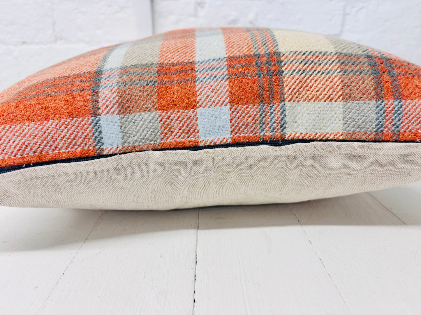 Hello pumpkin Cushion-Autumnal cushion- Orange and cream Plaid Cushion.