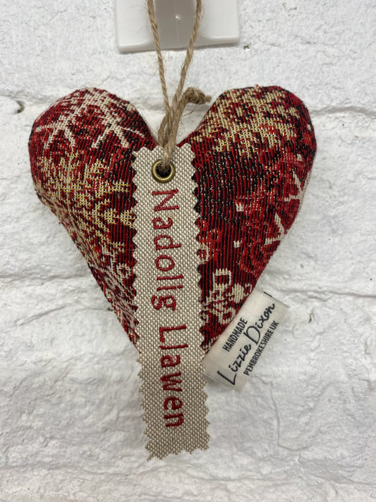 Nadolig Llawen Mini Christmas Heart .- Welsh Blanket style  Heart Nadolig Llawen  Red Tag