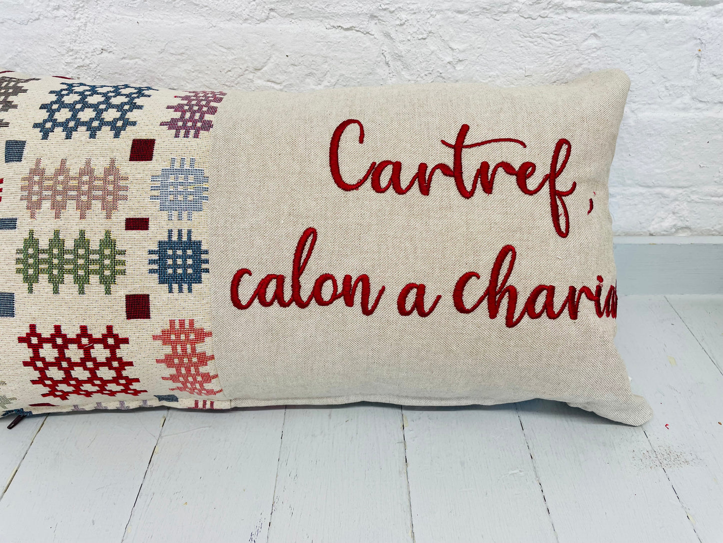 Welsh Blanket quote Cushion- Cream Welsh quote long Cushion