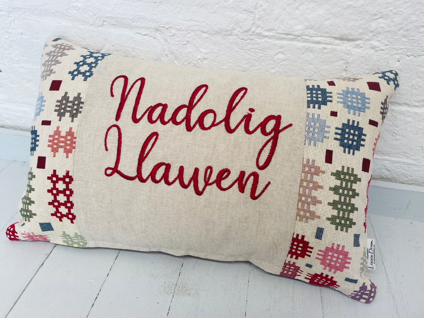 Nadolig Llawen Welsh Blanket style Cushion- long Nadolig Llawen Panel Cushion
