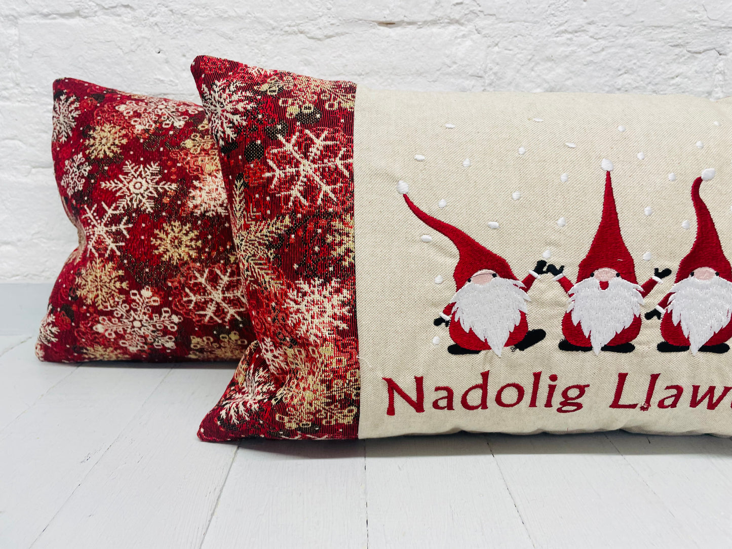 Festive Gnomes Long Nadolig Llawen-Merry Christmas. Snow Flake Fabric