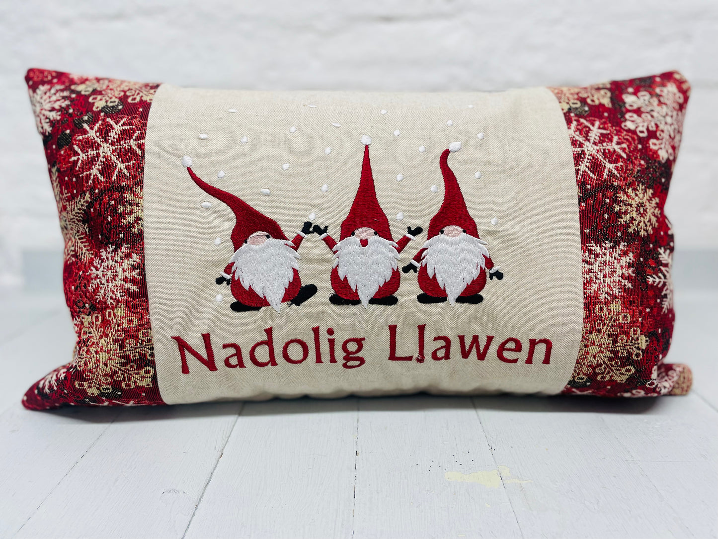 Festive Gnomes Long Nadolig Llawen-Merry Christmas. Snow Flake Fabric