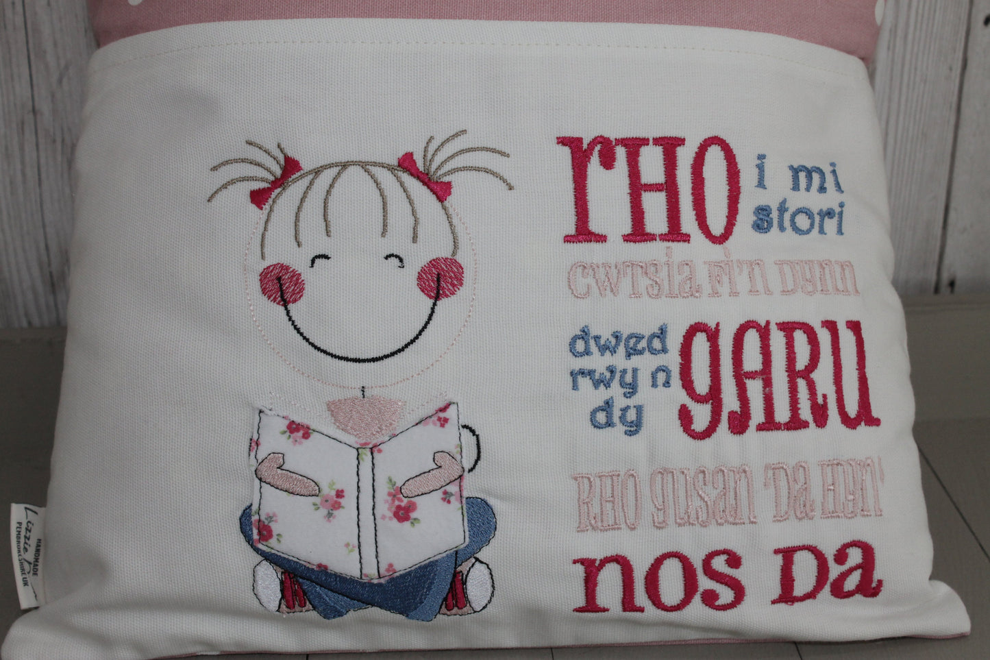 Book Cushion-Welsh Children's Reading Pillow~Personalised Cushion with Pocket-Cute little Girl reading Pillow~Welsh saying