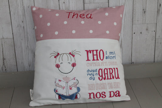 Book Cushion-Welsh Children's Reading Pillow~Personalised Cushion with Pocket-Cute little Girl reading Pillow~Welsh saying