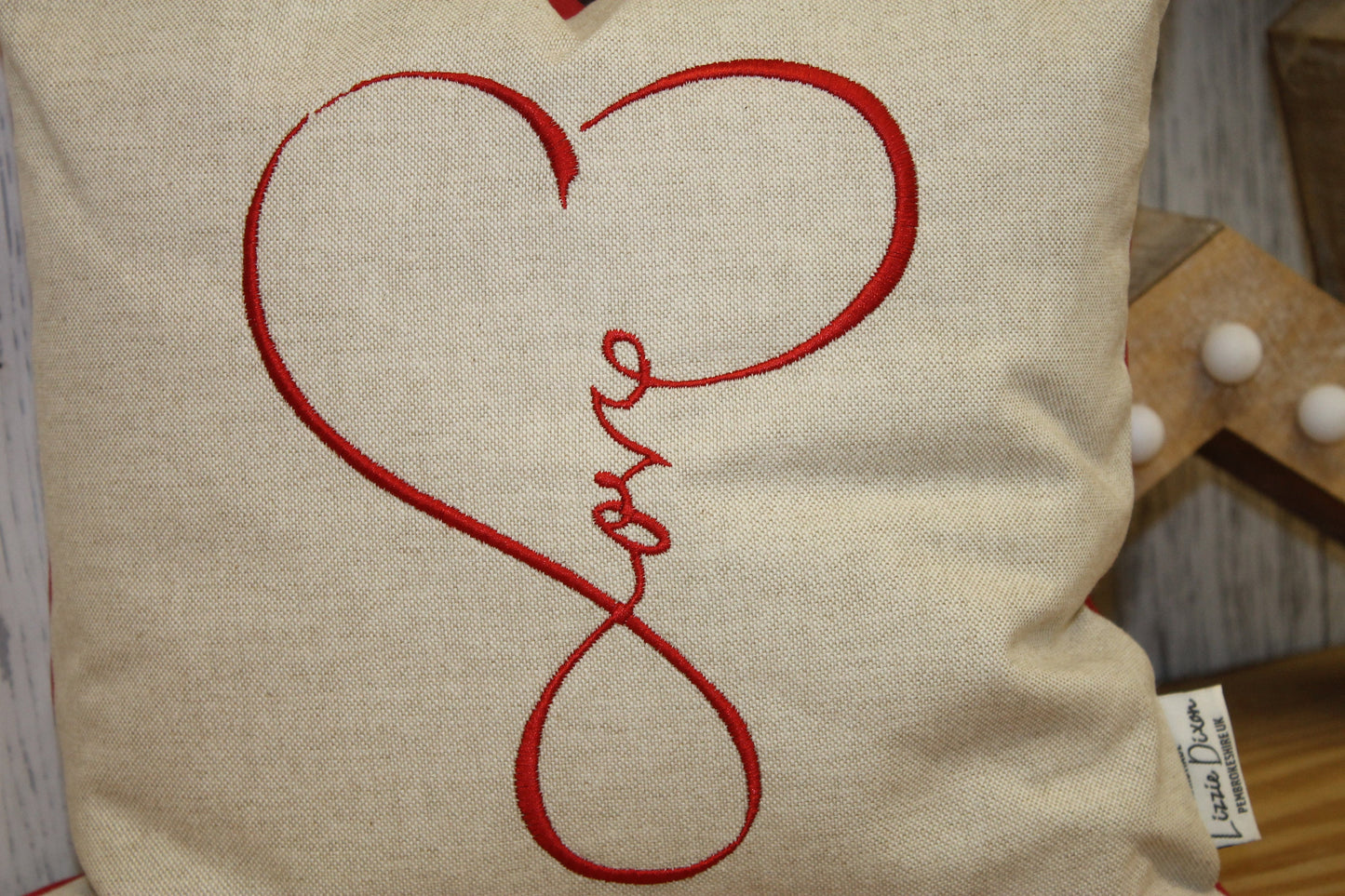 Love Cushion, Taupe and Red . 14" Square Love Pillow,Cuddle Cushion, Handmade Welsh Gift, Valentines gift for her or him, love gift