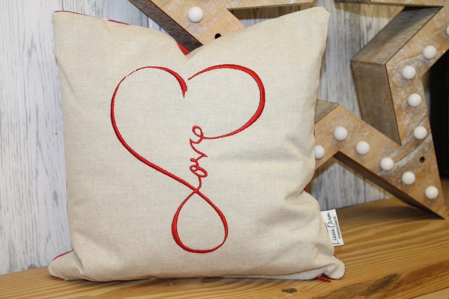 Love Cushion, Taupe and Red . 14" Square Love Pillow,Cuddle Cushion, Handmade Welsh Gift, Valentines gift for her or him, love gift