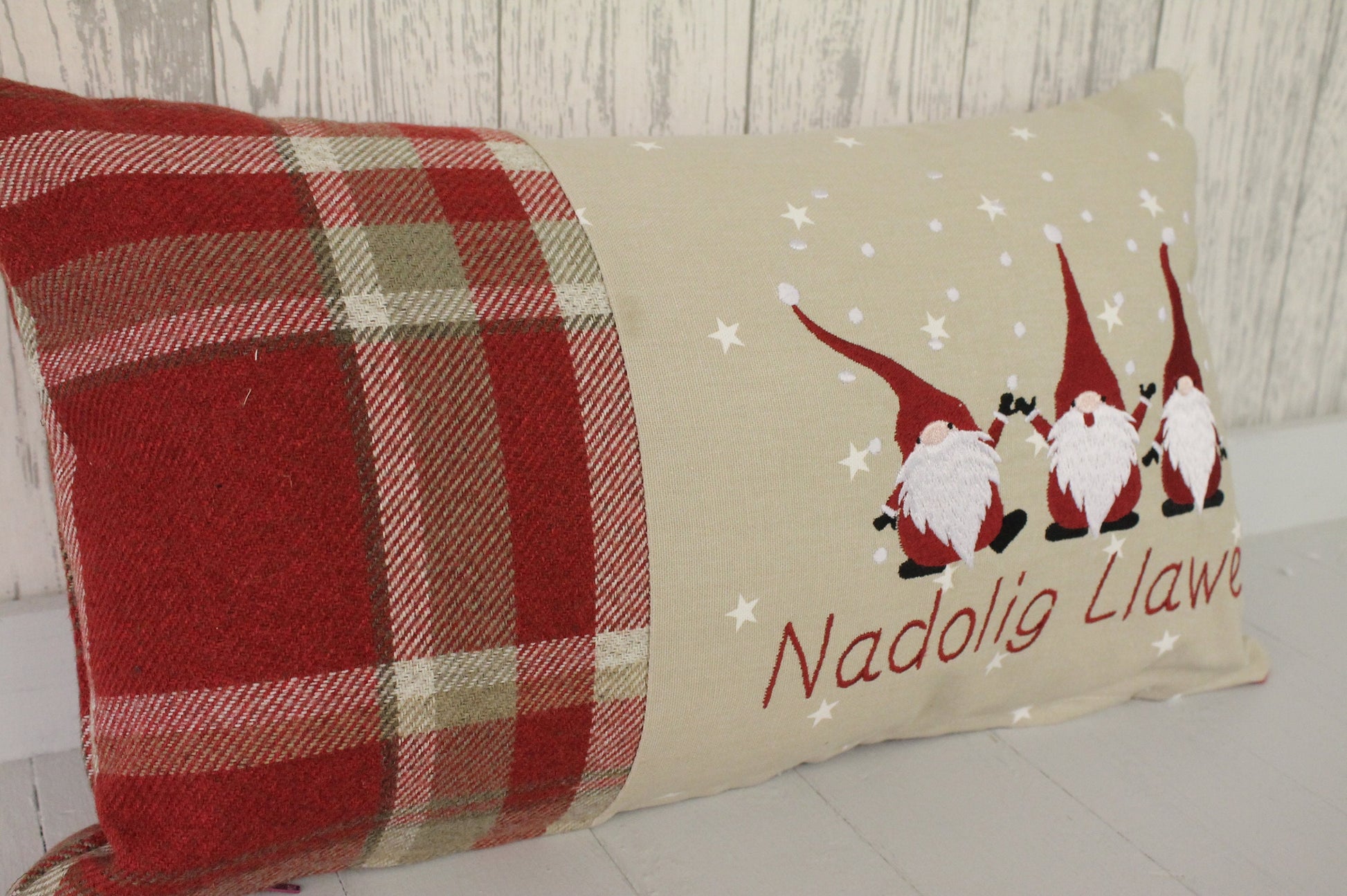 Red Wool Christmas Gnomes Cushion, Nadolig Llawen Festive Cushion-Festive Gnomes- Christmas Gnomes- Grey Gnomes