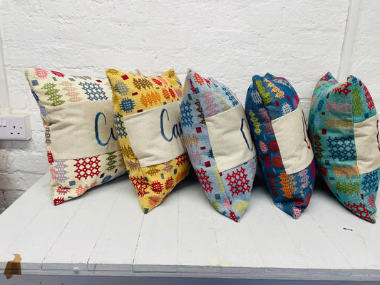 Welsh Blanket style Cartref Cushion-Personalised Cushion- Quote Cushion-welsh tapestry style 16” Square Cushion
