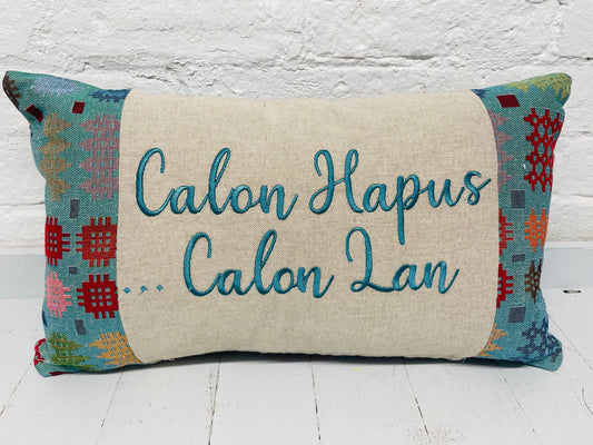 Welsh Blanket style Calon Hapus.. Calon Lan Cushion-Personalised Cushion- Quote Cushion-welsh tapestry style long cushion.