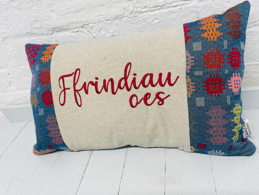 Welsh Blanket style Fffindiau oes oes Cushion-Personalised Cushion- Quote Cushion-welsh tapestry style long cushion.