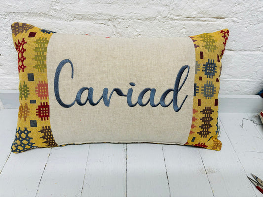 Welsh Blanket style Cariad Cushion-Personalised Cushion- Quote Cushion-welsh tapestry style long cushion.