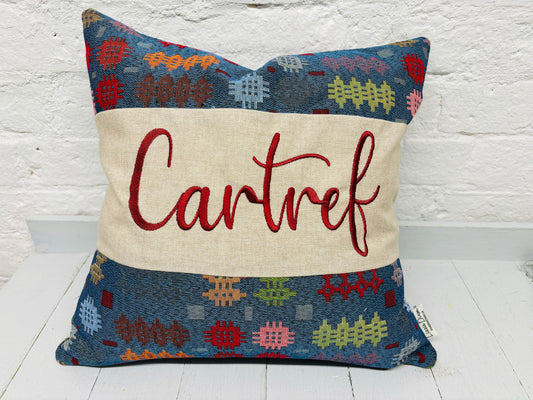 Welsh Blanket style Cartref Cushion-Personalised Cushion- Quote Cushion-welsh tapestry style 16" Square cushion.