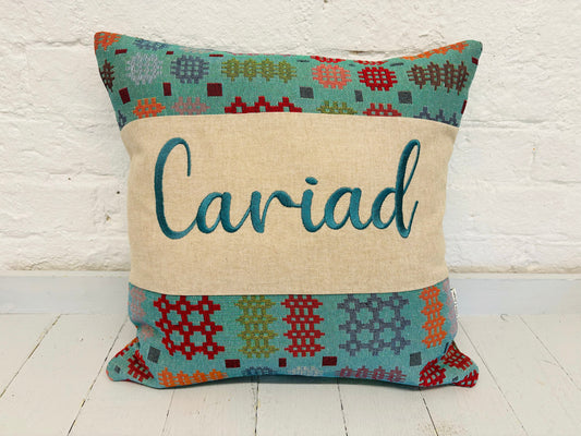 Welsh Blanket style Cariad Cushion-Personalised Cushion- Quote Cushion-welsh tapestry style 16" Square cushion.