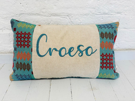 Welsh Blanket style Croeso Cushion-Personalised Cushion- Quote Cushion-welsh tapestry style long cushion.