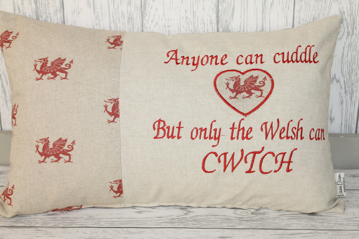 Anyone can Cuddle but only the Welsh can Cwtch-Welsh dragon panel long cushion