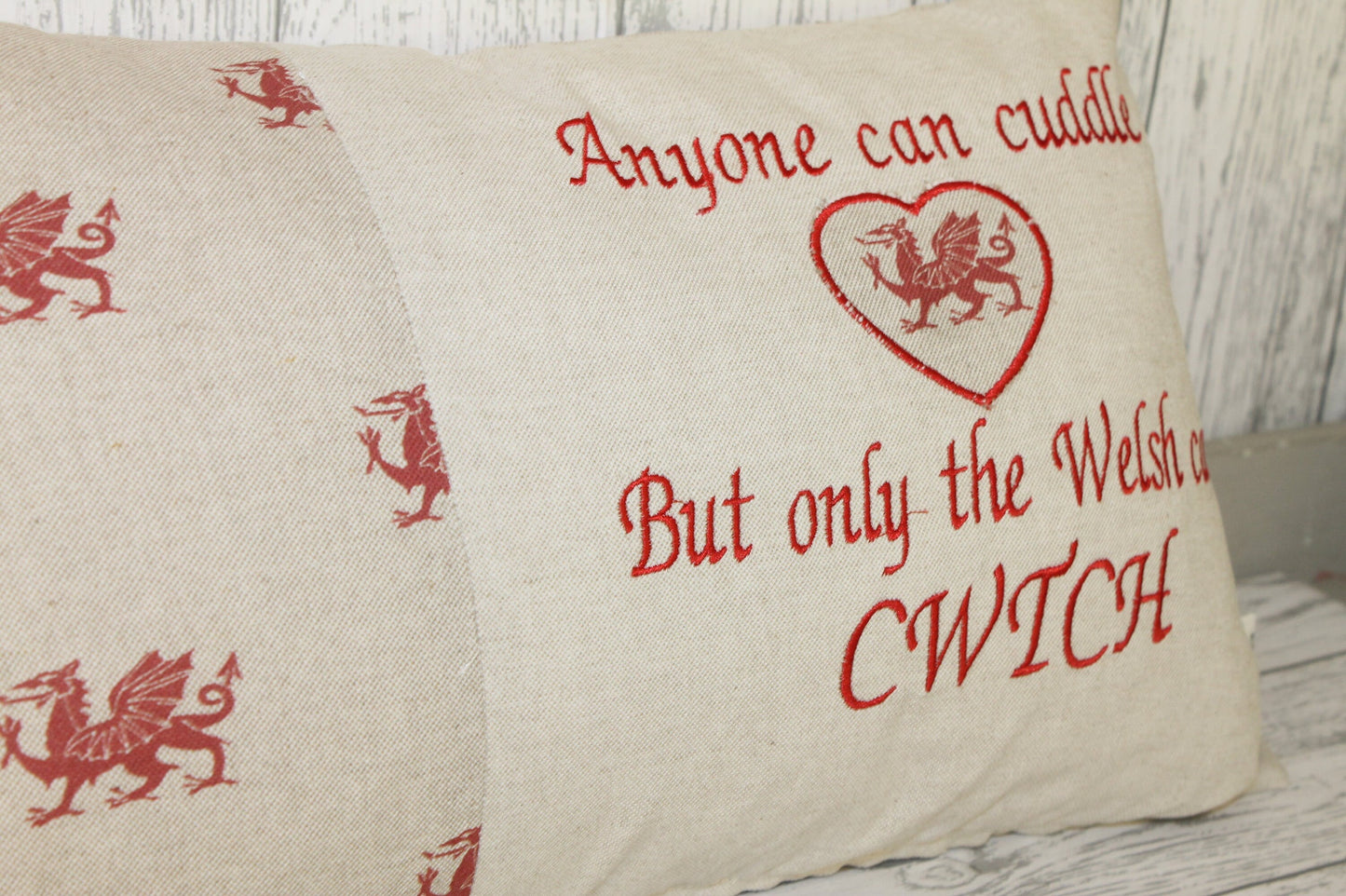 Anyone can Cuddle but only the Welsh can Cwtch-Welsh dragon panel long cushion