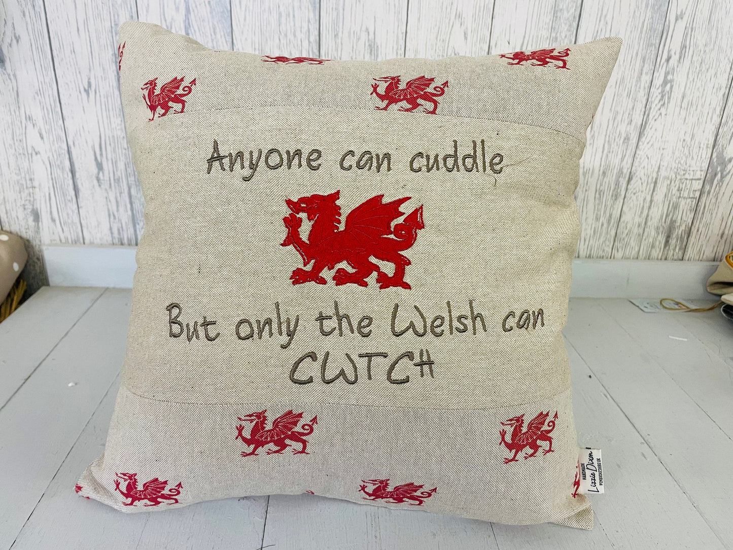 16" Anyone can cuddle but only the Welsh can Cwtch- Welsh Dragon Square Panel Cushion