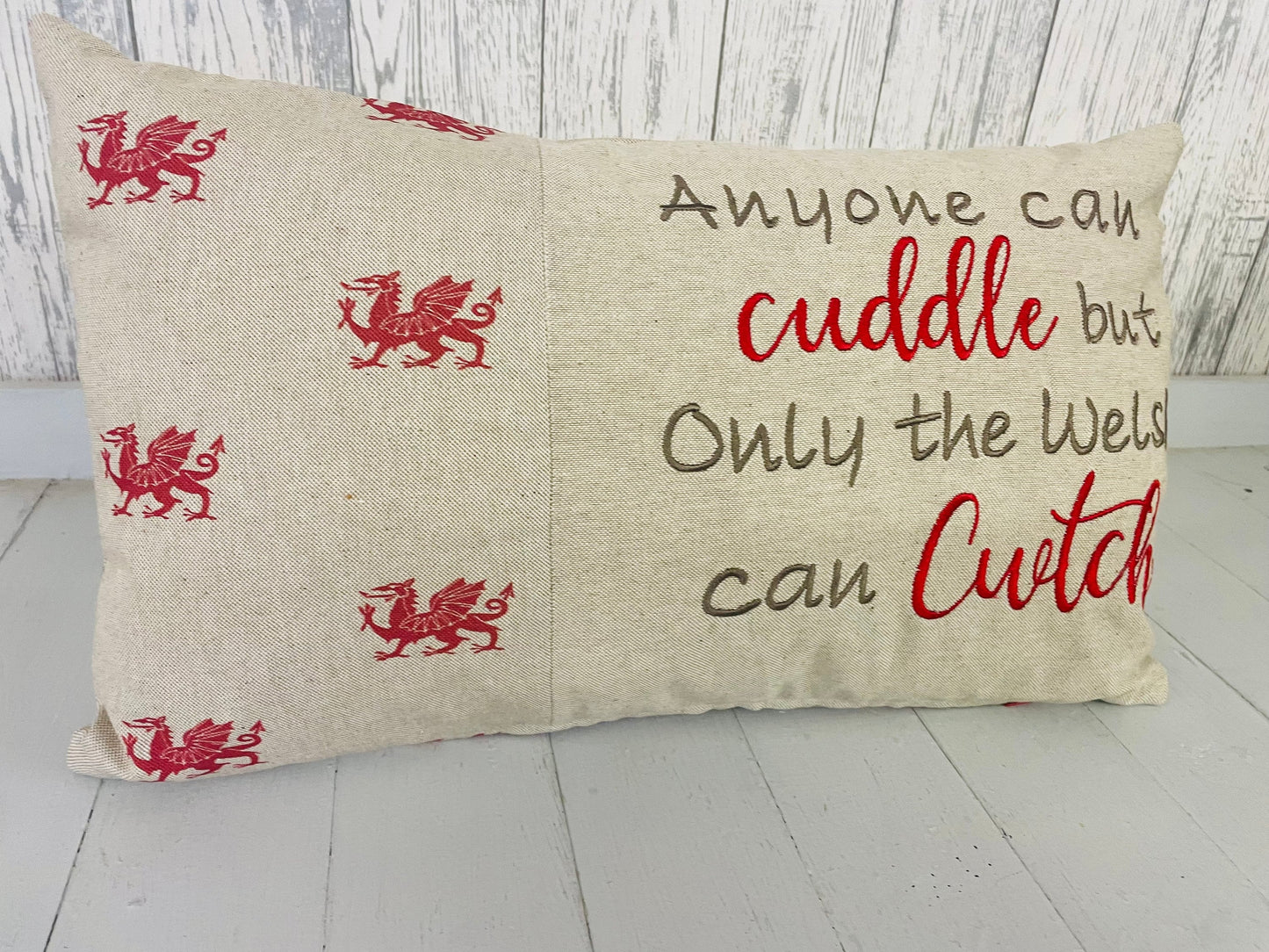 Anyone can Cuddle but only the Welsh can Cwtch-Welsh dragon panel long cushion